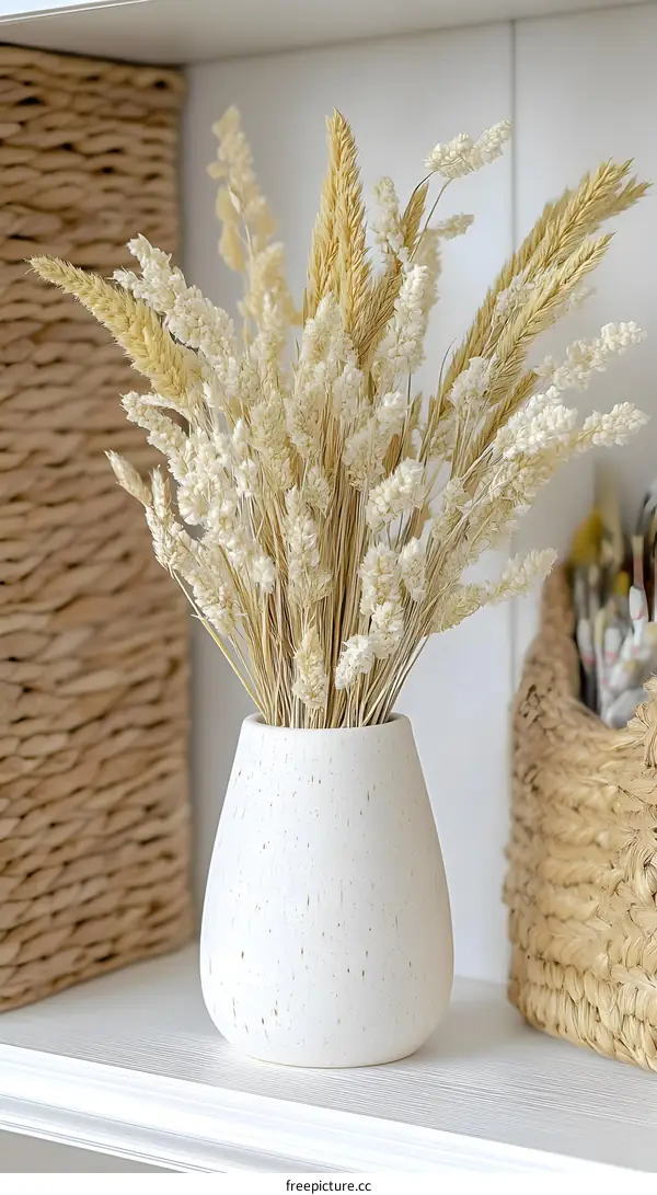 Dried Flower Arrangement in White Vase On Wooden Shelf