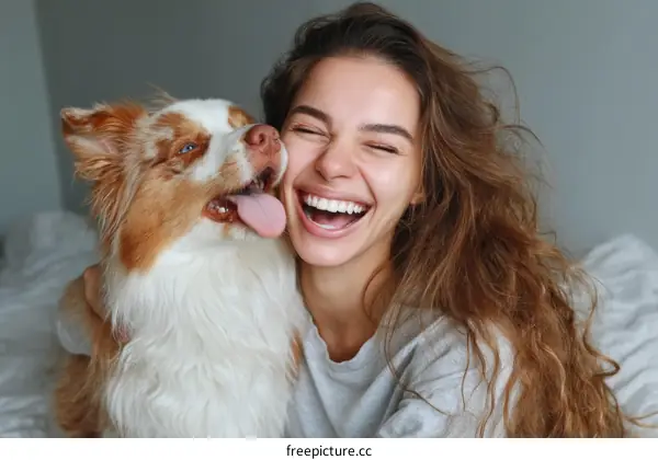 Woman Laughing with Dog Indoor Photo