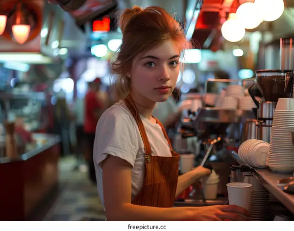Portrait of a Young Female Barista Making Coffee