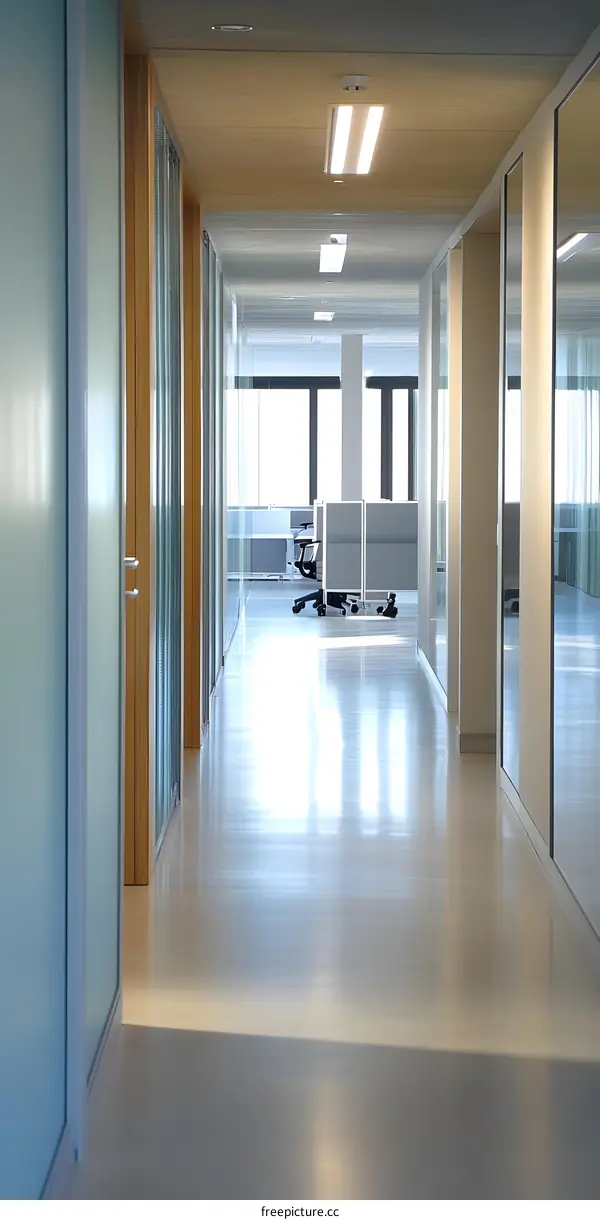 Modern Office Hallway with Glass Walls and Polished Floor