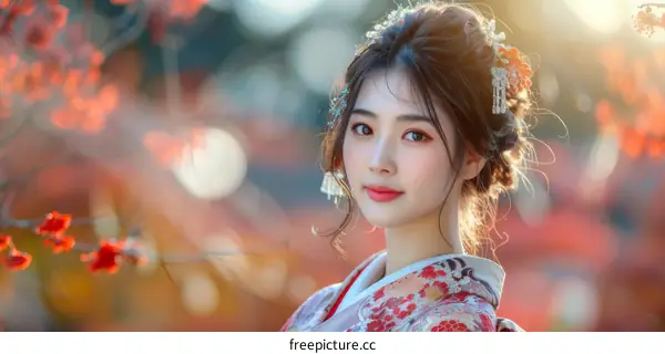Beautiful Asian Woman in Traditional Japanese Kimono with Cherry Blossom Flowers