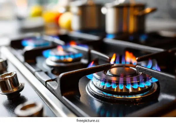 Close-up of a Gas Stove with Burning Flames