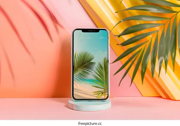 Summer Vacation Phone Mockup on Pink and Yellow Background