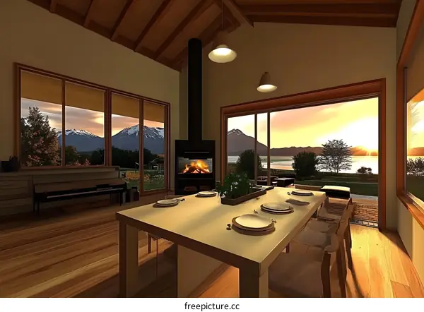 Modern House Interior Design with Fireplace and Mountain View