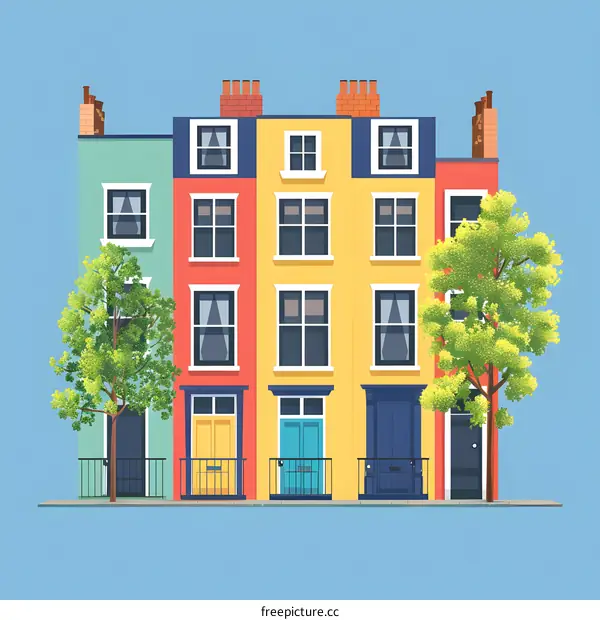 Colorful Row Houses with Green Trees