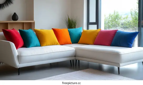 Colorful Velvet Throw Pillows on Modern Sectional Sofa