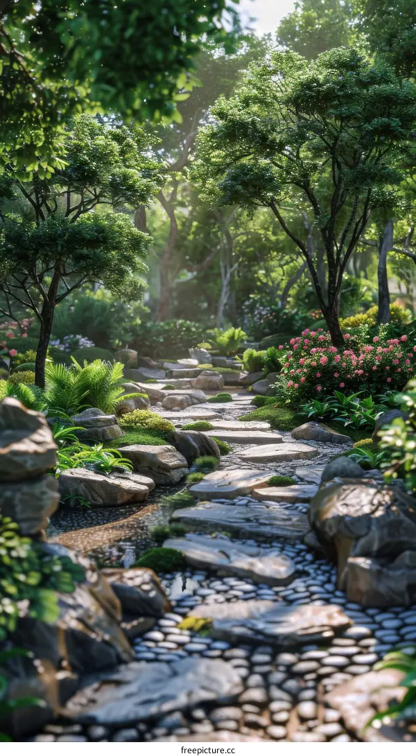 Pebble path through a lush green Japanese garden