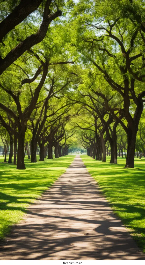 The path through the park is surrounded by lush green trees.