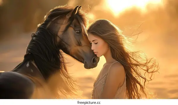 Woman and Horse Embrace in Tranquil Setting