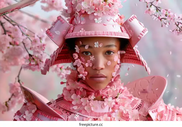 A Young Woman in Pink Samurai Armor and a Helmet of Cherry Blossoms