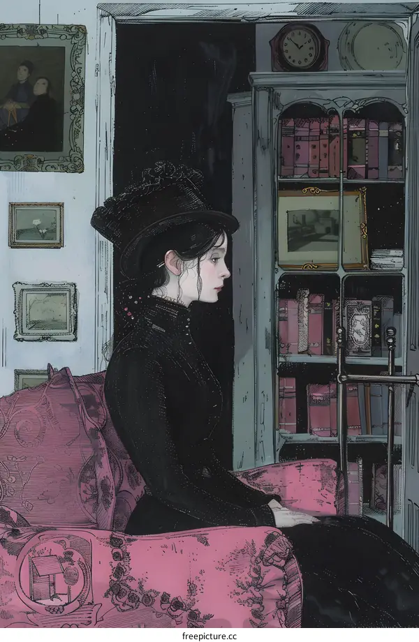 A Victorian lady in a black dress and hat sits on a pink patterned chair in a library.