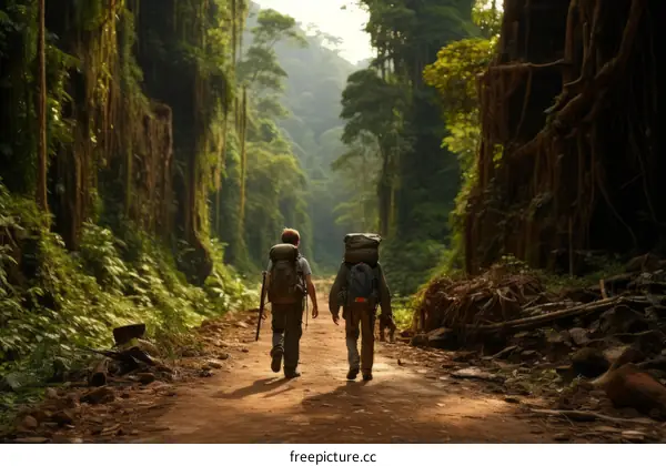Two people hiking in the jungle
