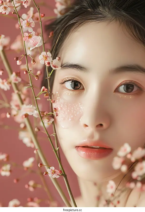 Closeup of a Young Woman with Flowers on Her Face