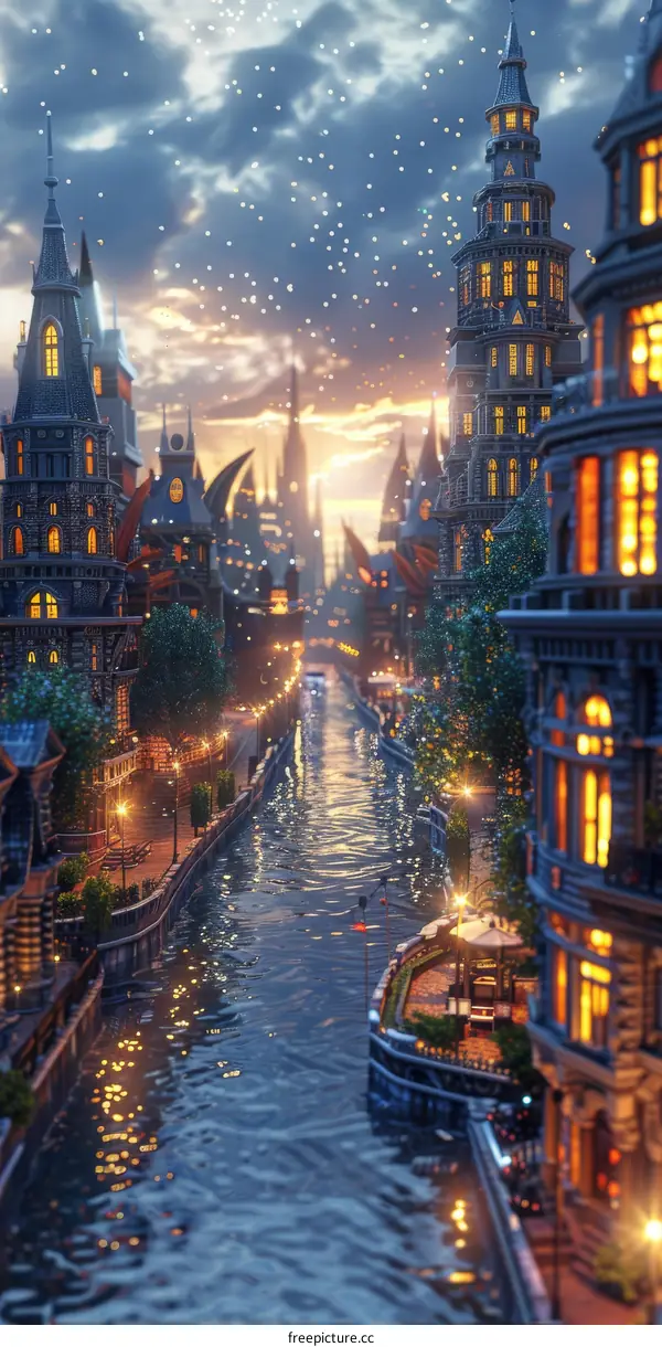 Fantasy Cityscape with River at Dusk