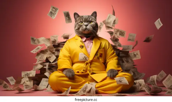 A cat wearing a suit and sitting on a pile of money