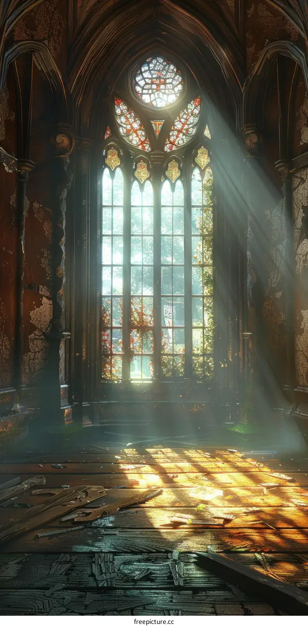 Rays of Light Shining through a Stained Glass Window in an Abandoned Church