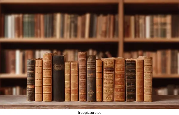 Vintage Books on Wooden Table in Library