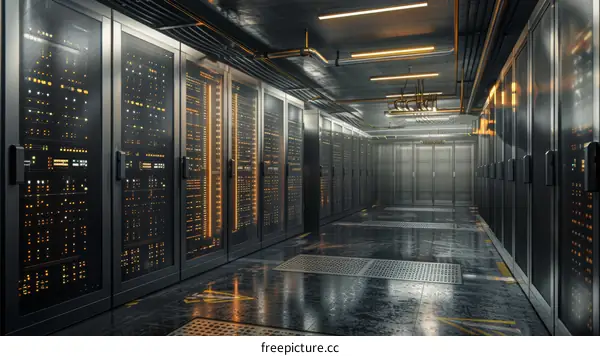 Futuristic server room with many racks of servers