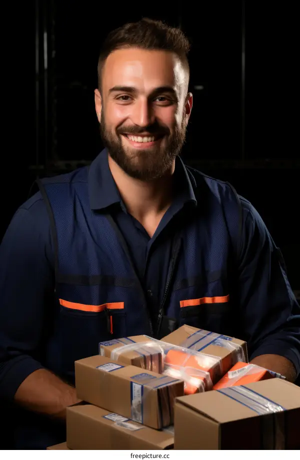 Smiling delivery man with a stack of cardboard boxes in his hands