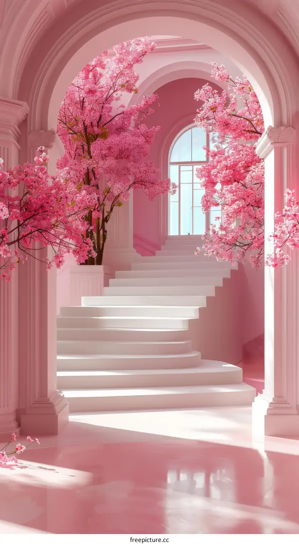 Pink Staircase with Cherry Blossom Decor