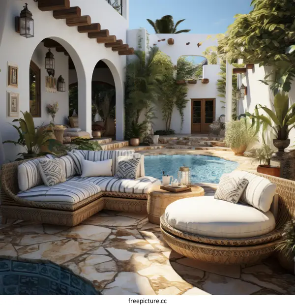 Luxury resort with private pool and outdoor seating area