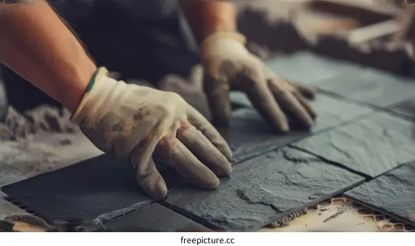 Construction worker installing slate floor tiles