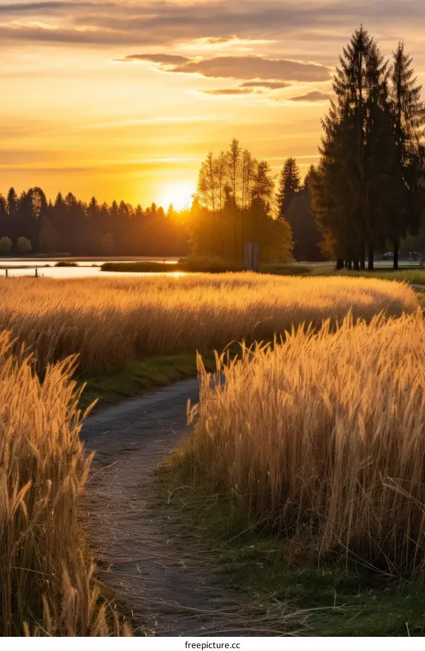 The setting sun casts a golden glow on the wheat field