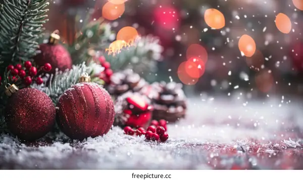 Red and white Christmas ornaments on a snowy wooden table.