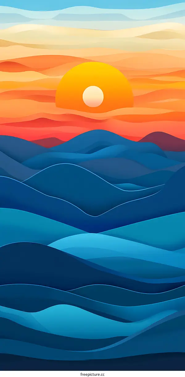 Abstract Paper Cut Art Background of Sunset and Mountains