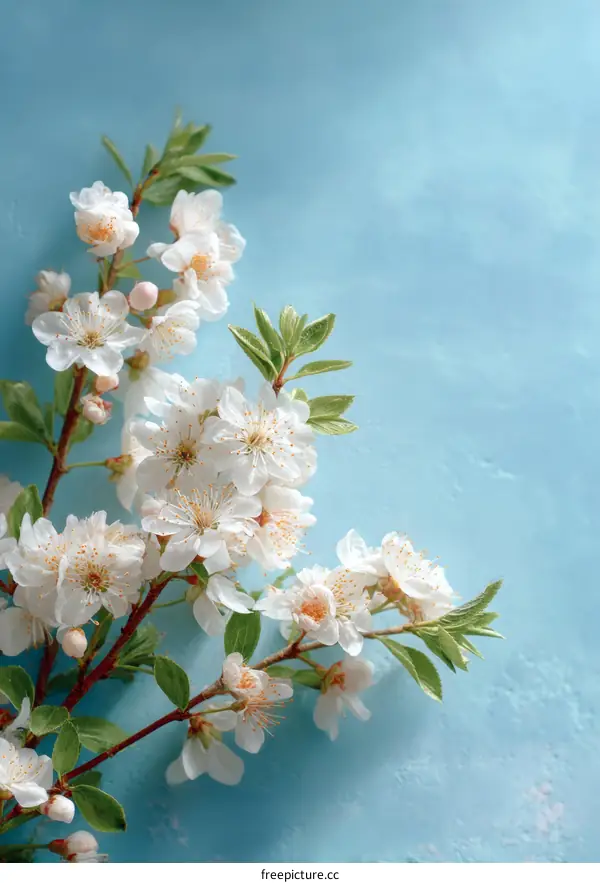 Spring Blossom Branch on Light Blue Background
