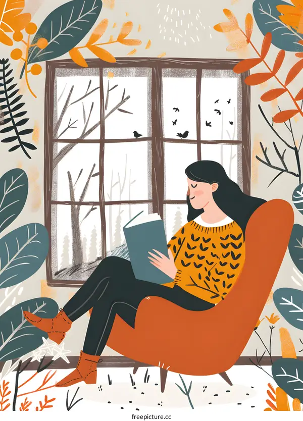 Cozy Winter Illustration of a Woman Reading a Book