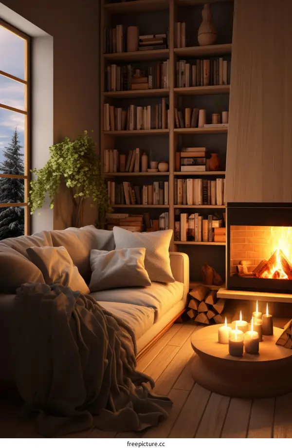Cozy Living Room with Fireplace, Bookshelves, Sofa, and Candles