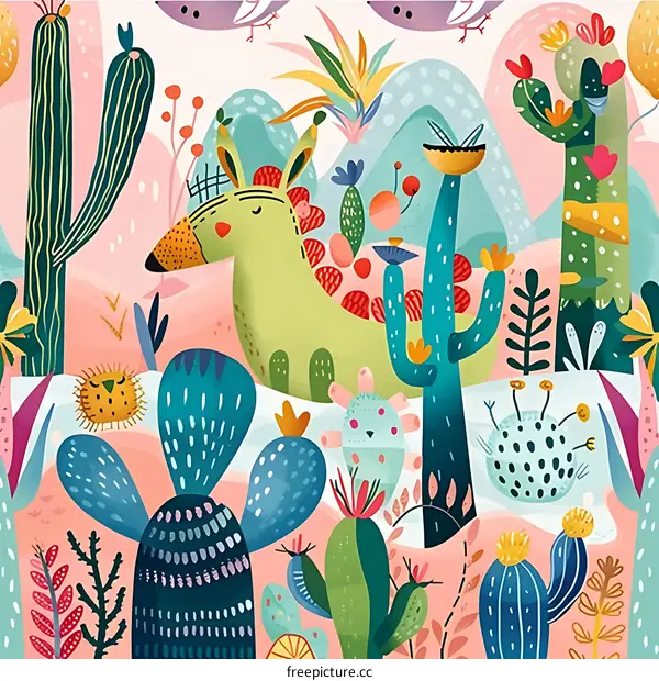 Cactus Desert Landscape With Colorful Plants and Animals