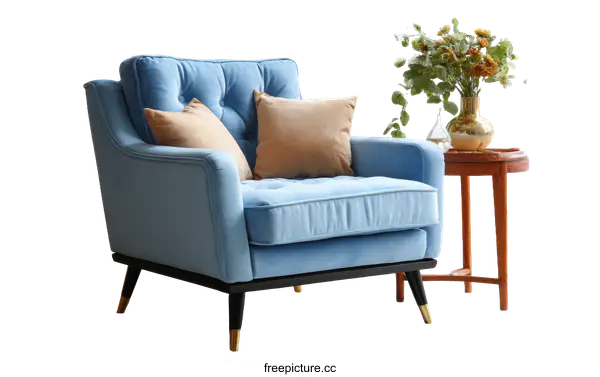 [Transparent Background PNG]Light Blue Velvet Armchair with Coffee Table