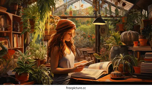 young woman reading a book in a greenhouse