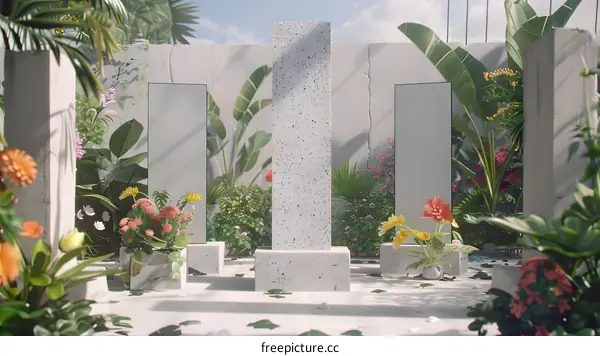 Minimalist 3D Rendered Garden with White Stone Pillars and Flowers