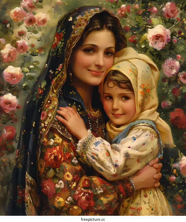 A Mother and Her Daughter in a Garden of Roses