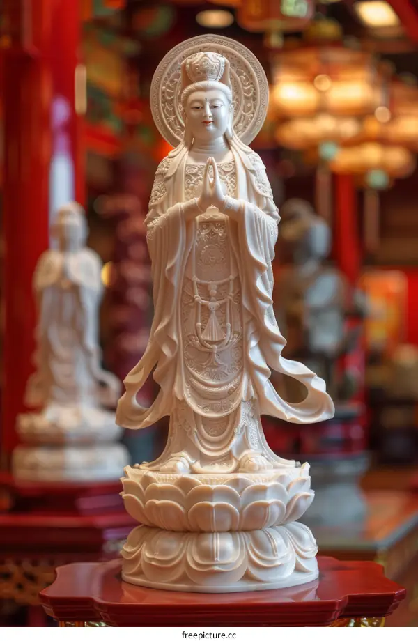 White Guan Yin statue with intricate details
