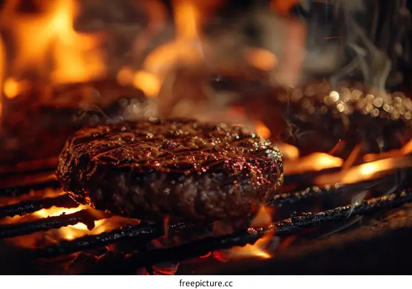 Beef patty on a flaming grill
