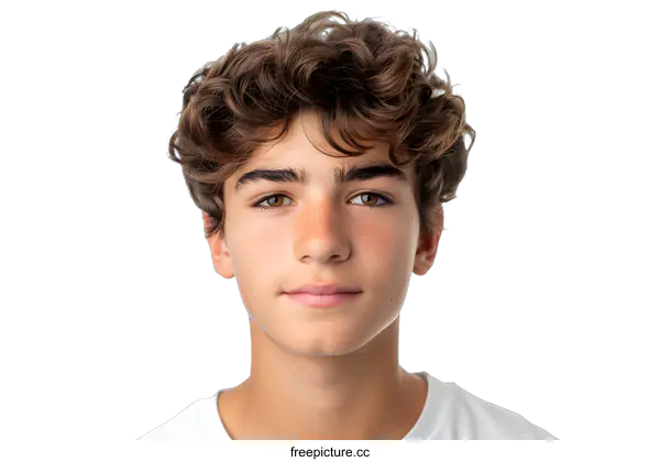 [Transparent Background PNG]Portrait of a young man with curly brown hair and light brown eyes