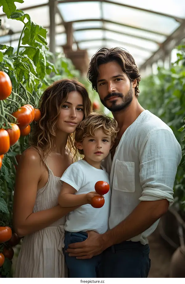 Family Portrait in a Greenhouse with Tomatoes