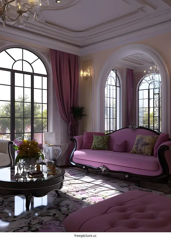 Purple Couch in Living Room with Arched Windows and Chandelier