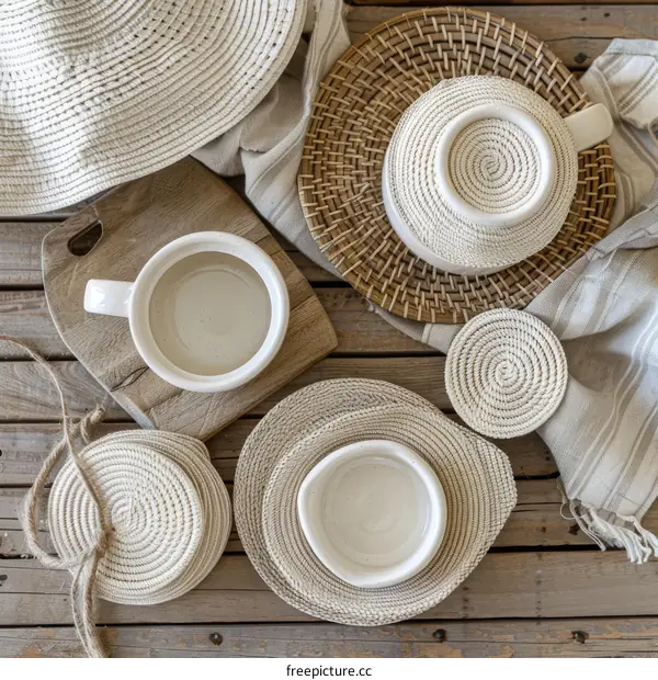 Woven straw placemats and coasters with ceramic cup and bowl