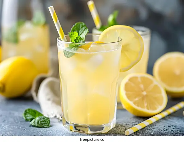 Glass of Refreshing Lemonade with Ice and Mint