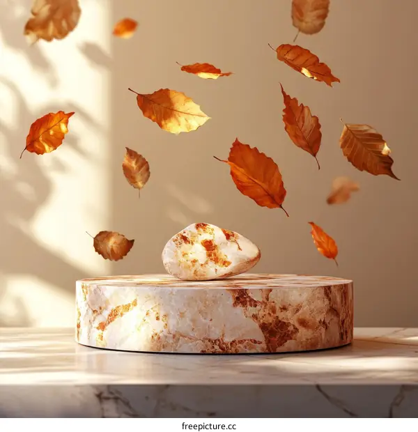 Autumn Leaves and Stone on Marble Display