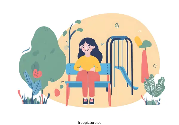 Woman Sitting on Bench in Park Illustration