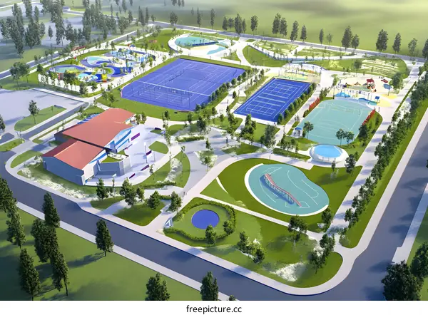 Aerial View of a Modern Sports Complex with a Playground and a Building