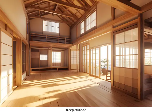 Traditional Japanese Style Home Interior Design with Wooden Beams and Sliding Doors