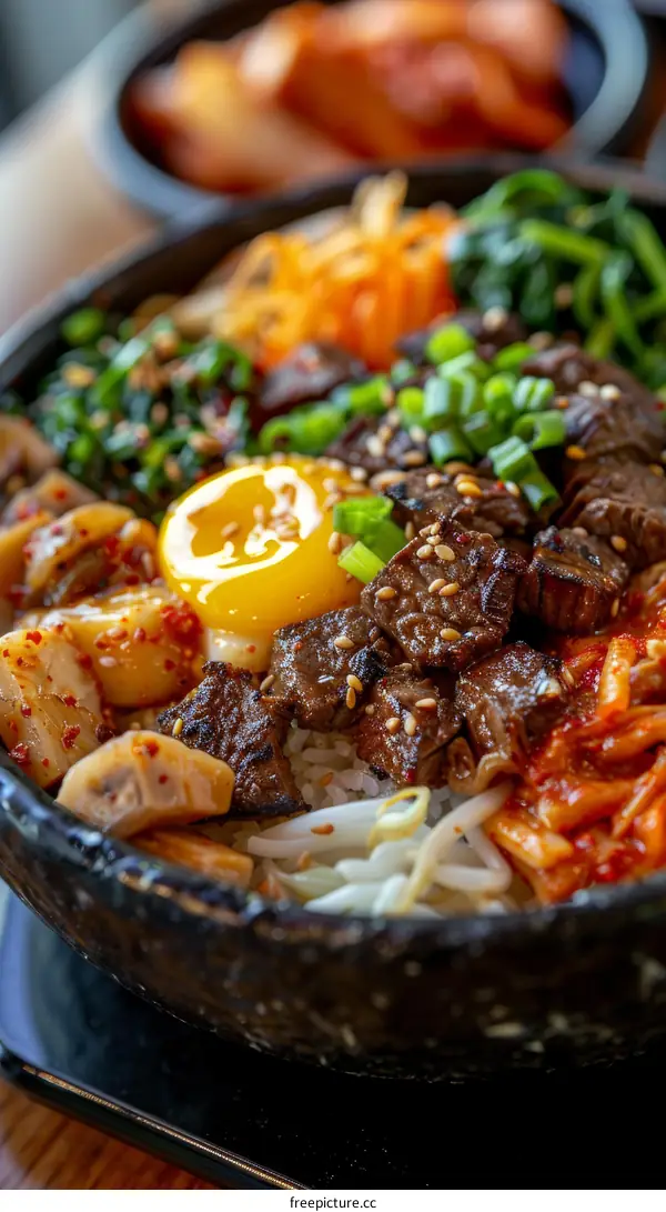 Korean food dolsot bibimbap with beef, egg and vegetables in a hot stone bowl