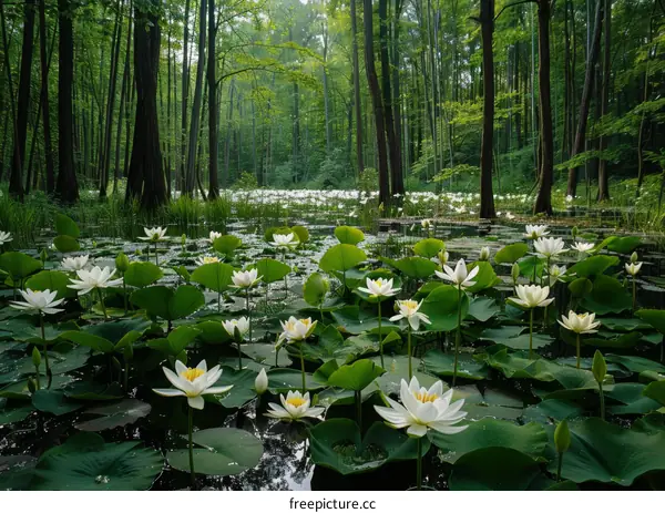 White Water Lilies in a Serene Forest Lake